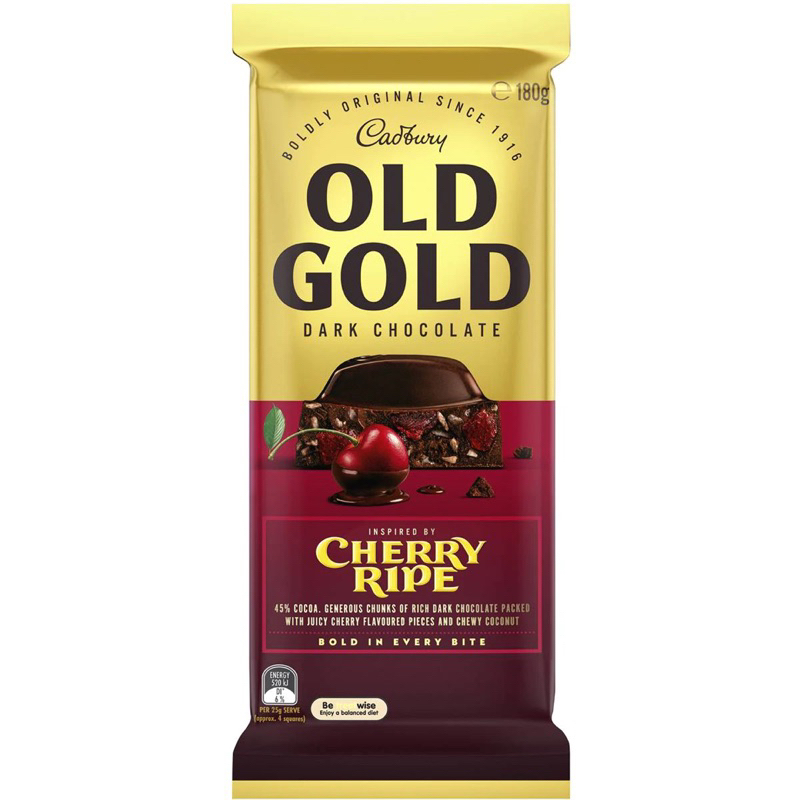 

Cadbury Old Gold Dark Chocolate Cherry Ripe Block 180g - Australia