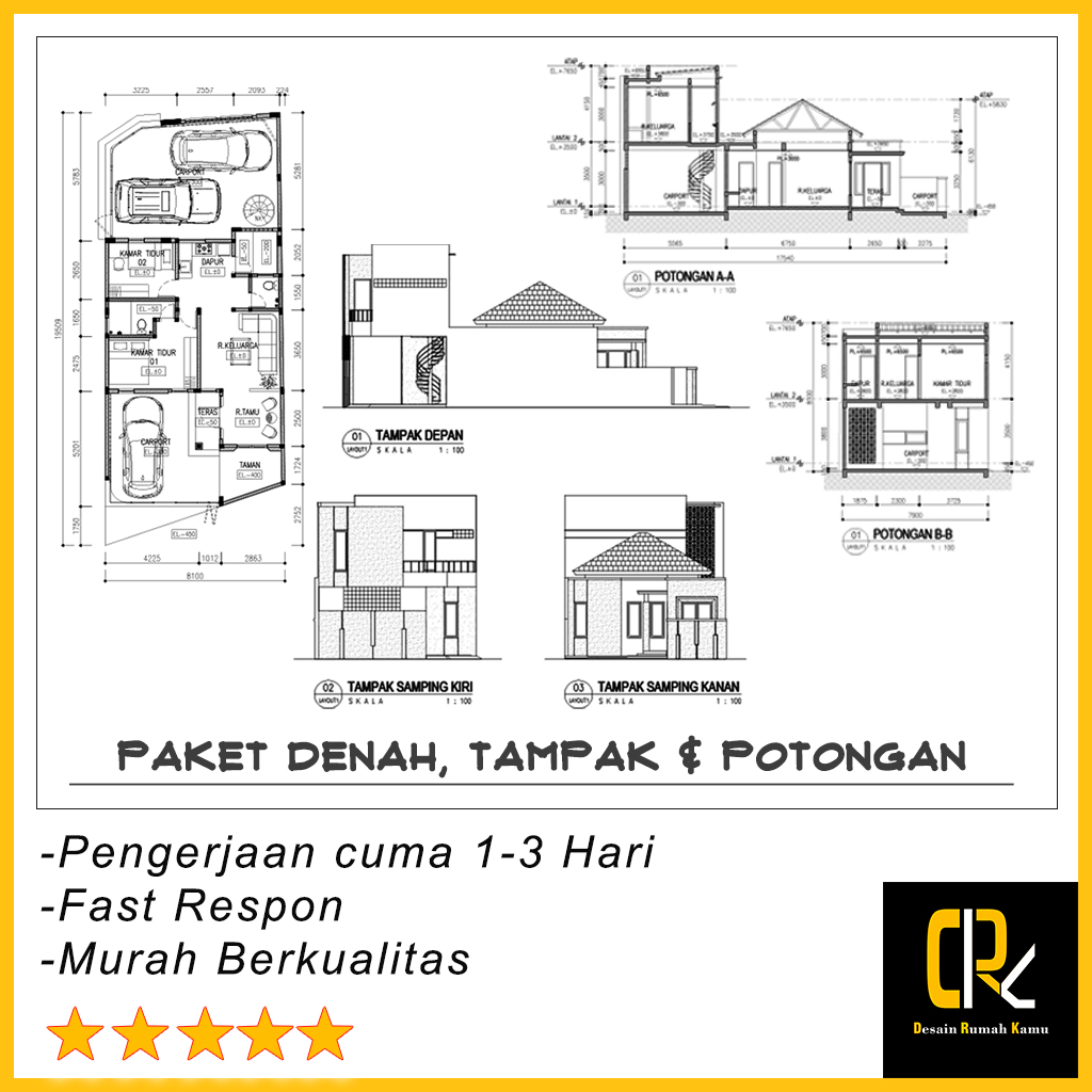 Paket Desain Denah Tampak Potongan Gambar Detapot 2D Rumah Gambar Desain Rumah Ruko Toko Gedung Kost