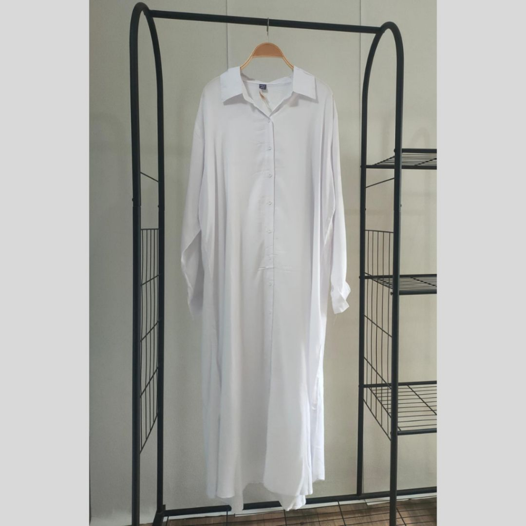 Longdress gamis jumbo polos putih full kancing ld 130cm lengan panjang