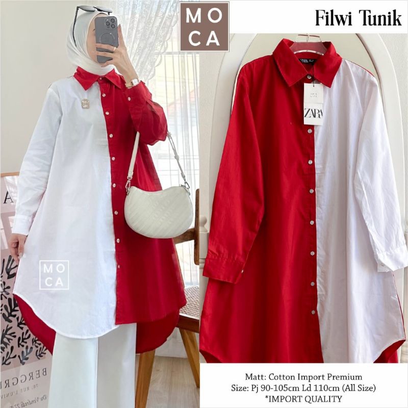 Filwi Tunik wanita long tunik muslim tunik jumbo tunik katun import tunik merah putih atasan merah p