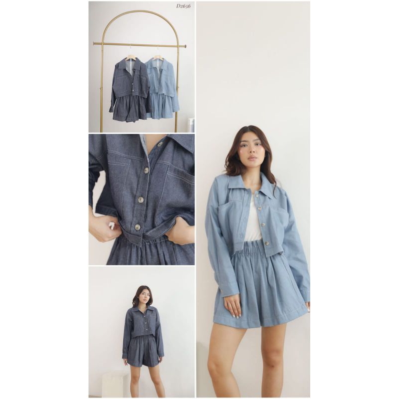D2656 set jeans lembut denim / setelan jeans wanita kemeja dan celana pendek / set blazer rompi card