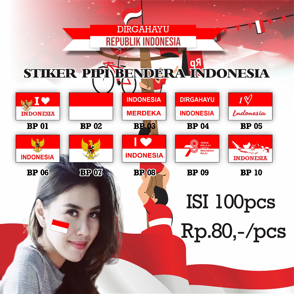 

Stiker Bendera Merah Putih Stiker pipi Bahan Stiker Chromo Isi 100 pcs
