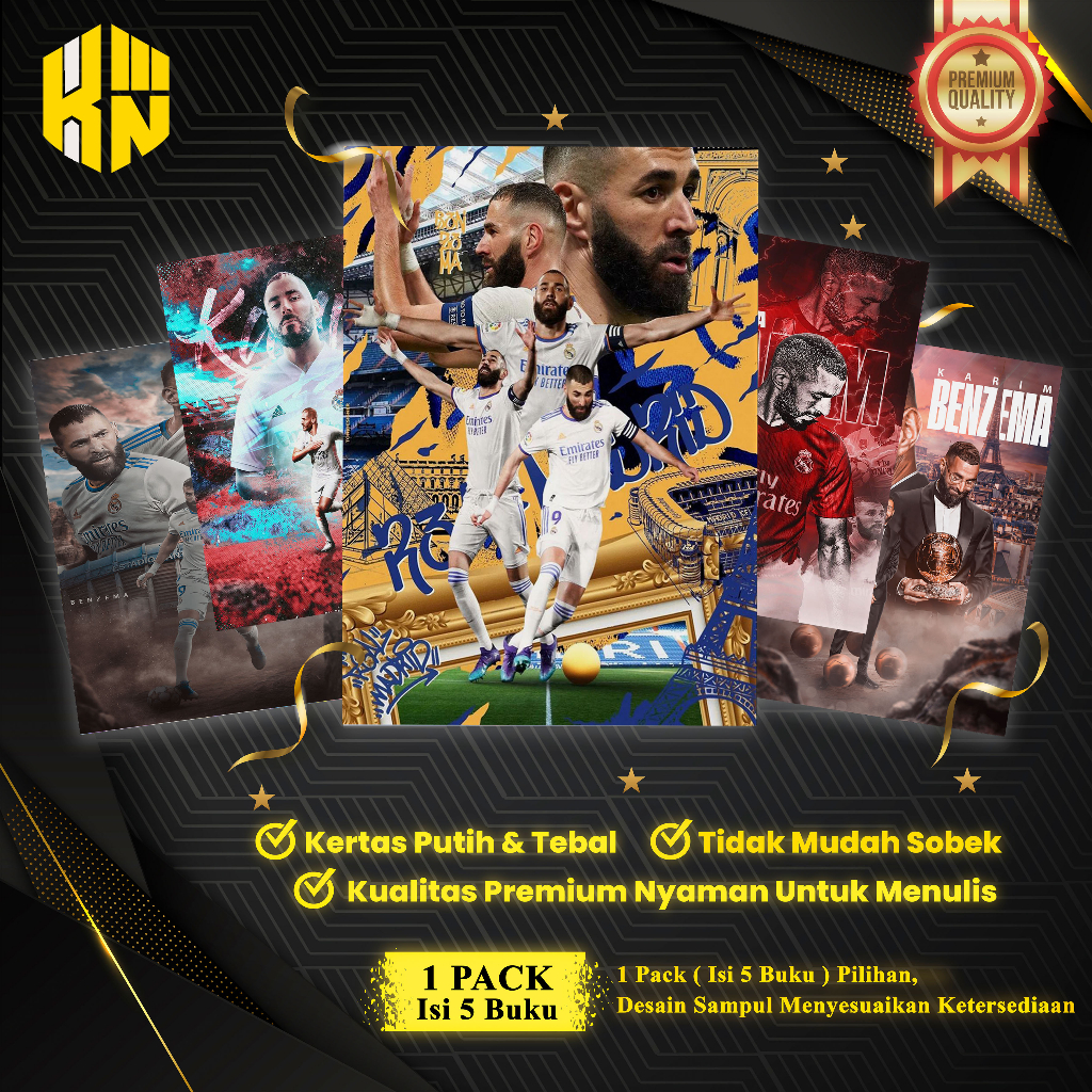 

KEN.IND - Buku Tulis Sekolah Custom Tema Sepak Bola BENZEMA Bergaris 38 Lembar 1 Pak Isi 5 Buku/ Buku Tulis Anime/ Buku Aesthetic/ Buku Catatan