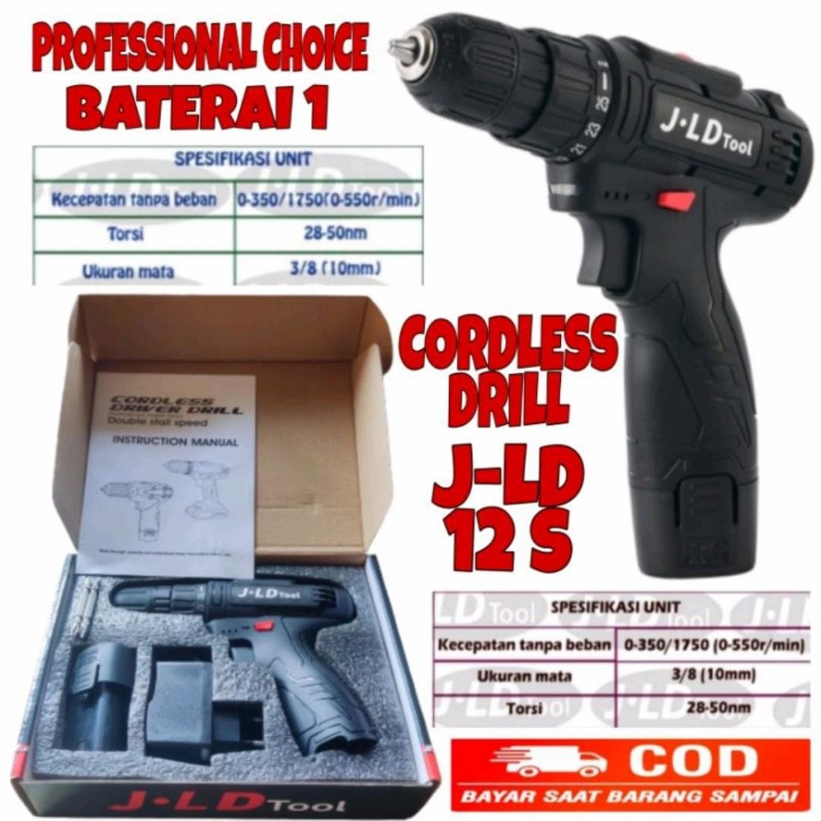 Promo mesin bor Jld 12s JLD cordless/mesin bor cas 12v JLD TOOLS bisa bolak balik Mesin Bor Baterai 