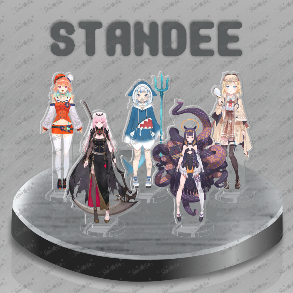 Standee Hololive EN Myth Akrilik UV & Set Stickers | Acrylic Stand Action Figure | Gawr Gura, Mori C