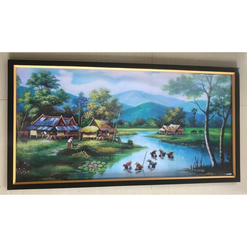 Hiasan Dinding lukisan Cetak pemandangan sungai dan orang orang mencari ikan plus bingkai