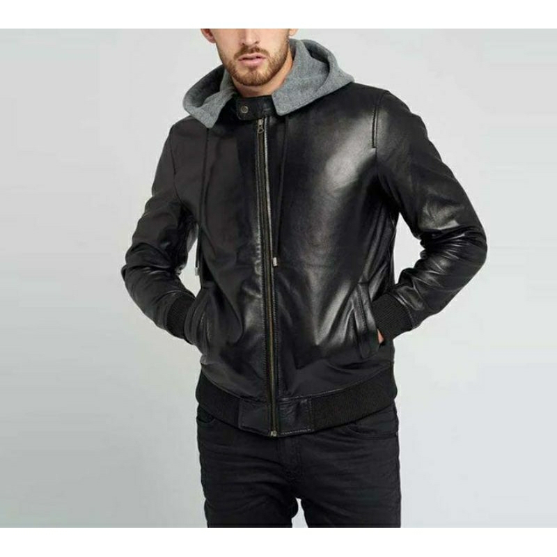 Jaket Kulit pria hoodie atau pakai kupluk asli kulit Jaket Kulit pria bahan kulit asli siap garansi 