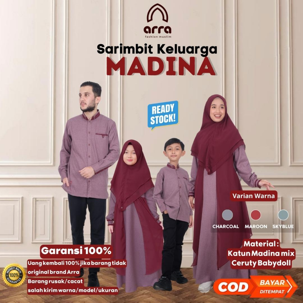 ARRA - Sarimbit Madina Fashion Muslim Keluarga (Koko, Gamis, Kerudung) Gamis Couple Warna Merah Maru