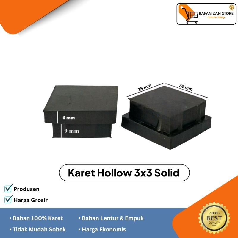 karet kaki hollow 3x3 padat/karet tapak kaki/karet kaki meja/kursi/bangku