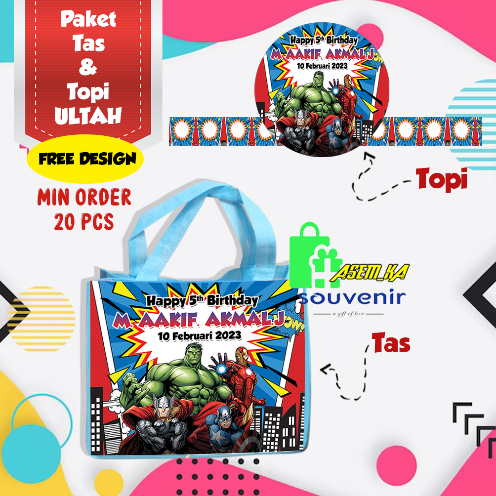 

PAKET ULTAH ANAK BISA CUSTOM TAS DAN TOPI 2 HARI JADI