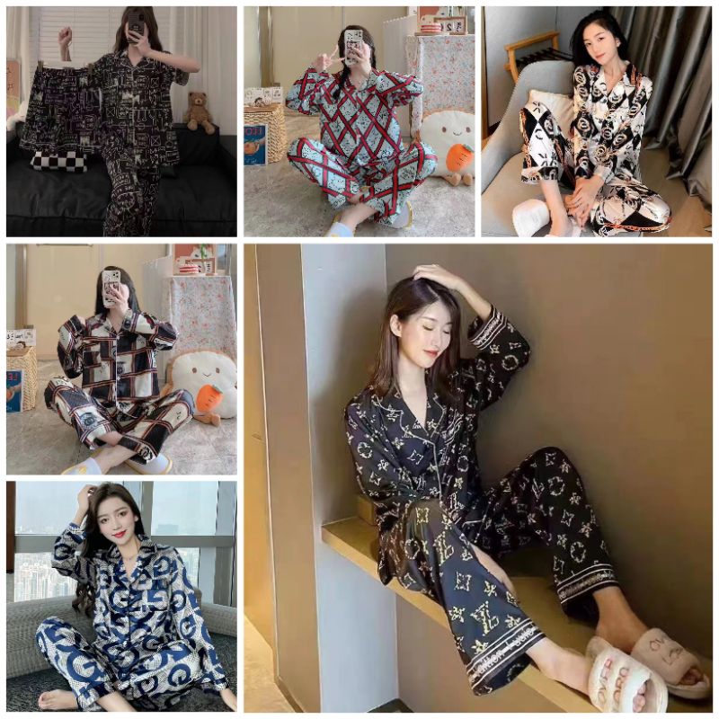 Baju tidur piyama wanita satin import stelan panjang