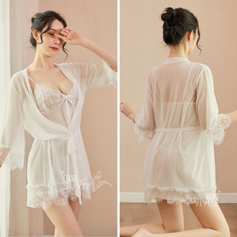 Lingerie Seksi Set D-116 Premium One Set Kimono + Dress + Belt Pakaian Dalam Baju Tidur Wanita Dewasa Import-Putih