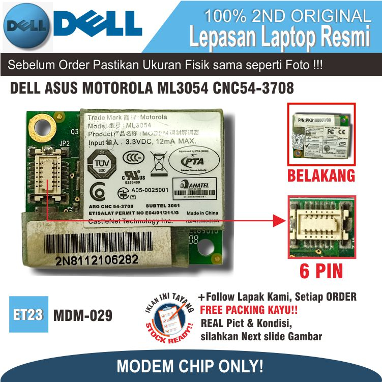 ET23 MDM-DEL-1 Internal Modem Card Modem Chip Laptop DELL ASUS MOTOROLA ML3054 7LB-410000-200W PK010