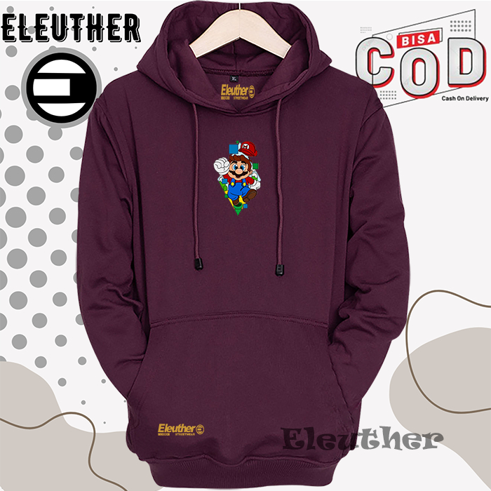 Sweater Hoodie Pria Wanita Basic Sablon Motif Super Mario Warna Burgundy Switer Oblong Brand Eleuthe