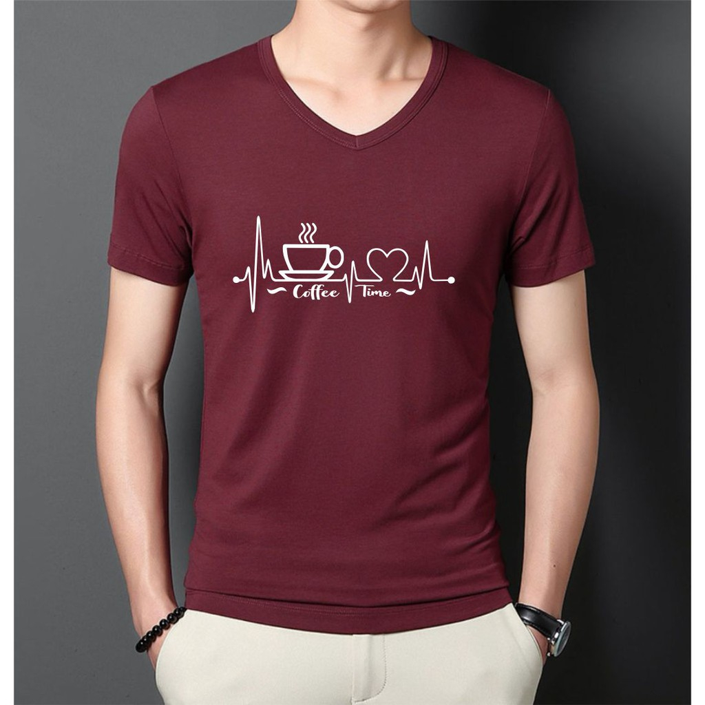 KAOS V-NECK PRIA / WANITA DISTRO GAMBAR DETAK COFFEE SIMPLE BAJU DEWASA T-SHIRT BASIC | KAOS OOTD TR