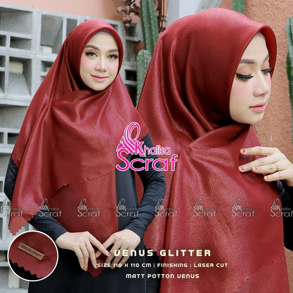 Jilbab segi empat venus gliter polos laser cut premium