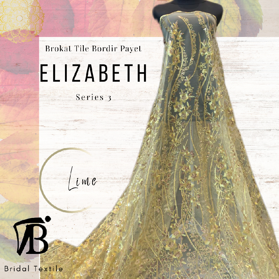 Bahan Kain Kebaya Brokat Tile Payet Bordir Mewah Elizabeth Motif 3 Warna Hijau Lemon Lime Green