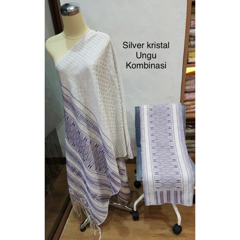 Kain Songket Medan Tumtuman Silver Kristal ungu kombinasi