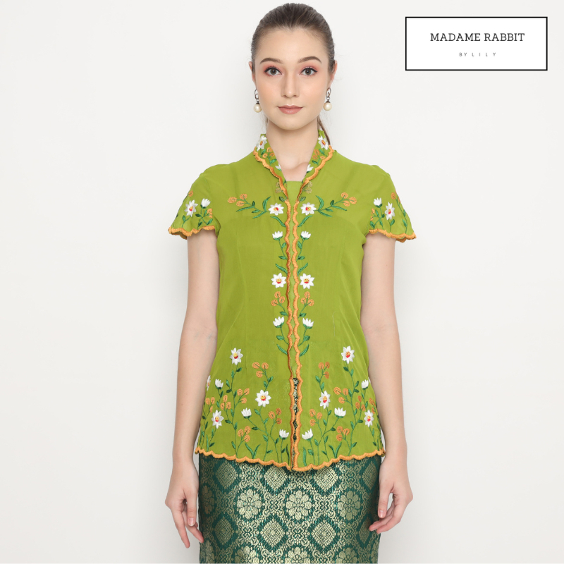 Kebaya Katun Halus Madame Rabbit Bordir Manual Hijau Olive Jahit Rapi