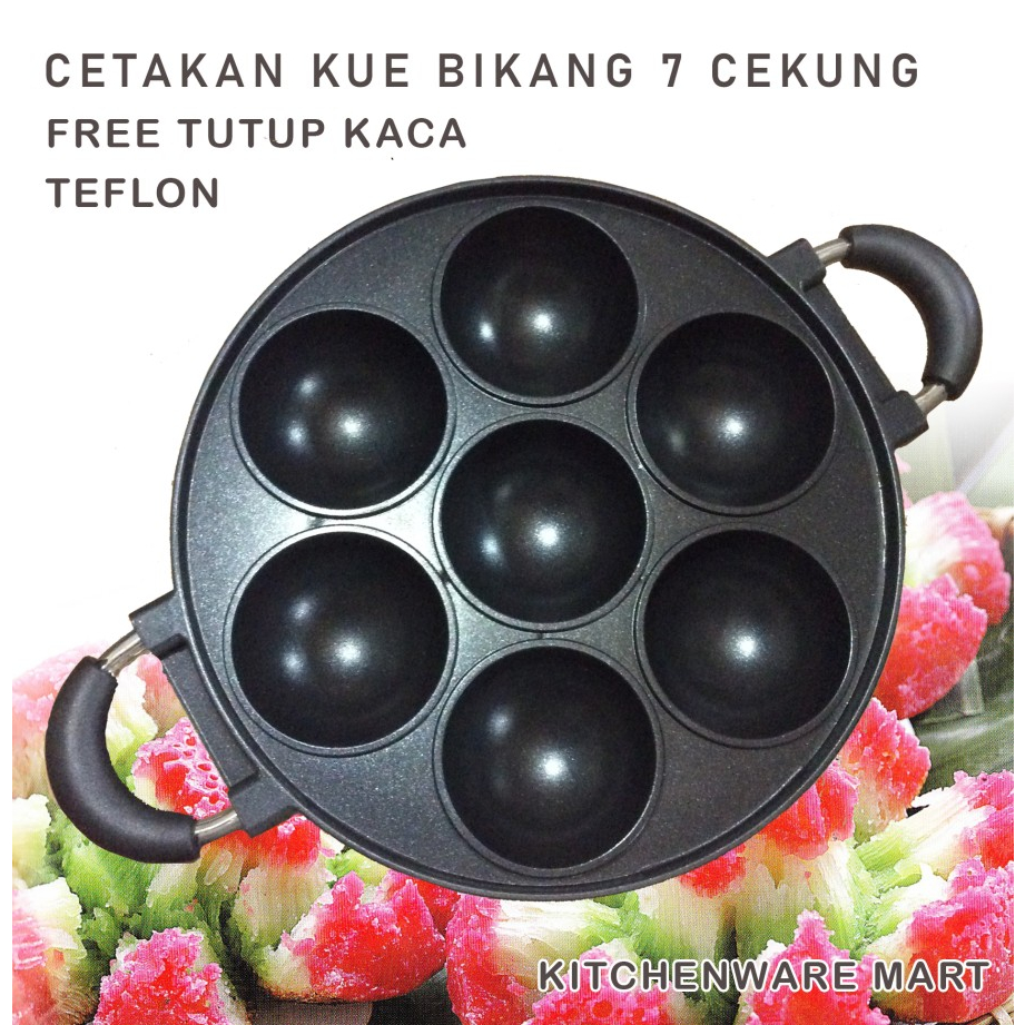Cetakan Kue Apem Bikang anti lengket 7 Lubang Cekung / Cetakan kue Bikang Apem Serabi + Tutup kaca