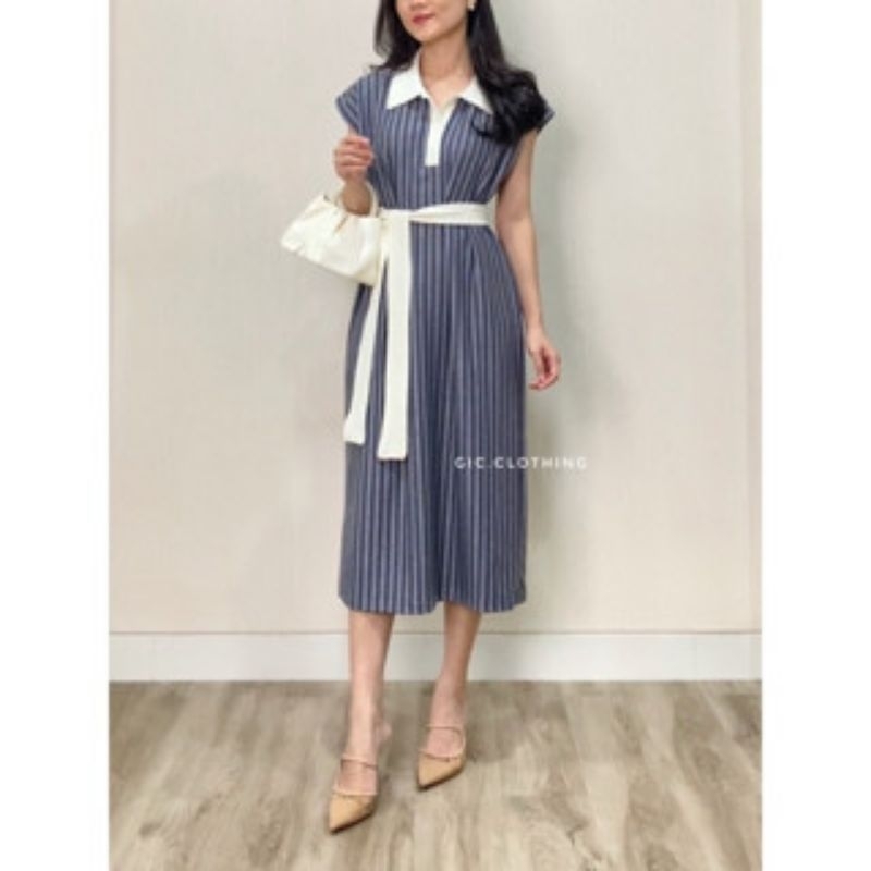 DRESS WANITA MOTIF SALUR BERKERAH/BASIC CASUAL/DRESS KERAH/DRESS CASUAL