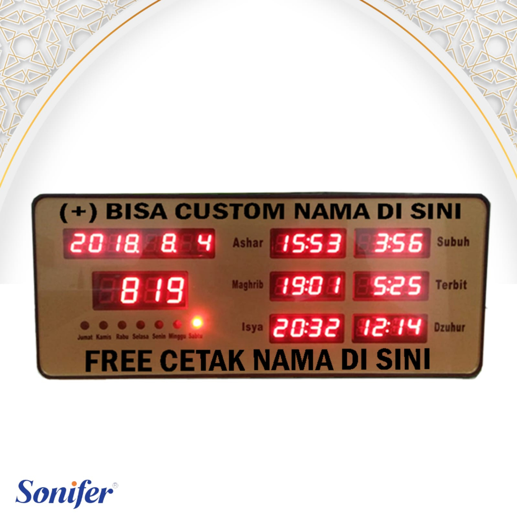 Sonifer Jam Sholat 5 waktu Jam Adzan Iqomah Otomatis Adzan Clock 25 x 10 cm FREE CUSTOM NAMA