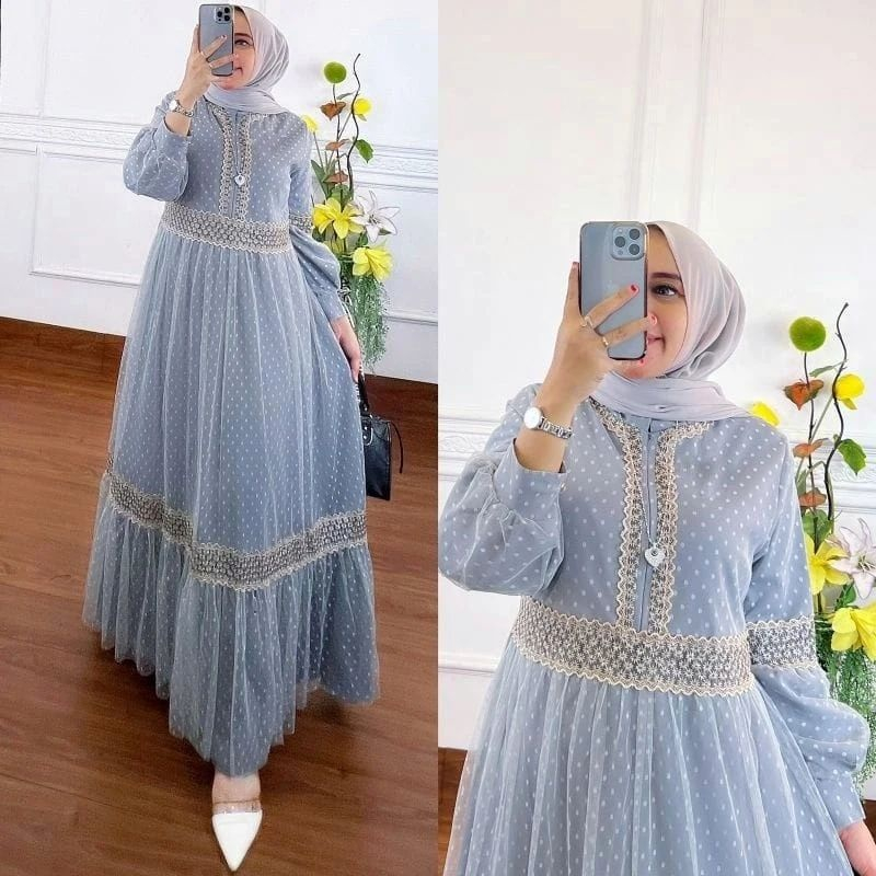 GAMIS WANITA TERBARU  KHALISA DRESS BO BAHAN KAIN TILE DOT PREMIUM FULL PURING MIX RENDA GAMIS BRUKA