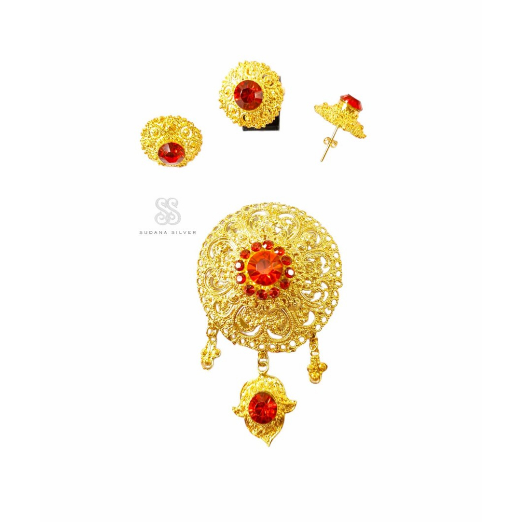 Set Bros Alpaka Kenitri Merah Gold Plated Aksesoris Wanita Bali