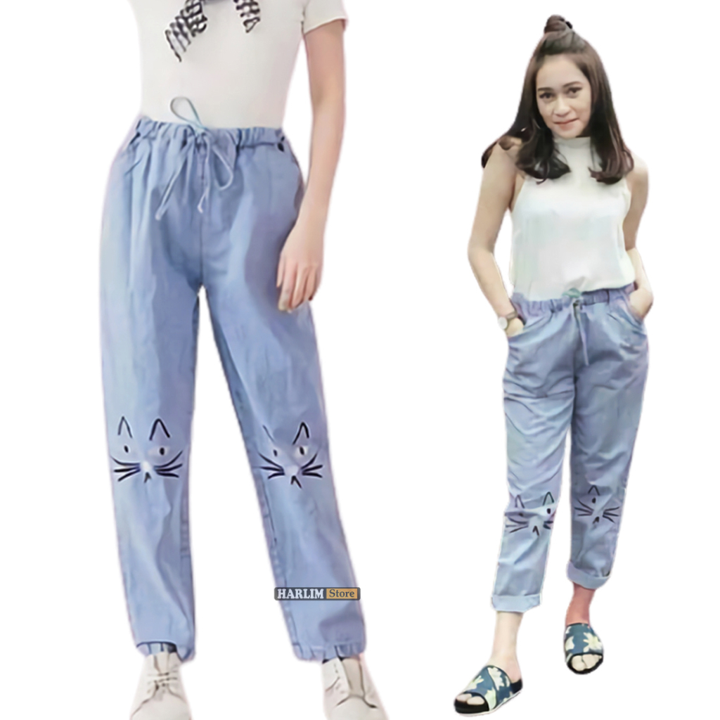 Celana Panjang Wanita Model Baggy Pants Motif Bordir bahan Soft Jeans
