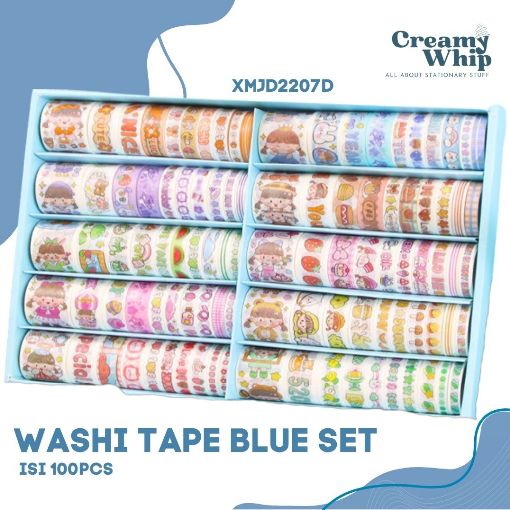 Chibi Girl Blue Washi Tape Set isi 100 Pcs - Tape Washi Blue Set Selotip Kertas Lucu
