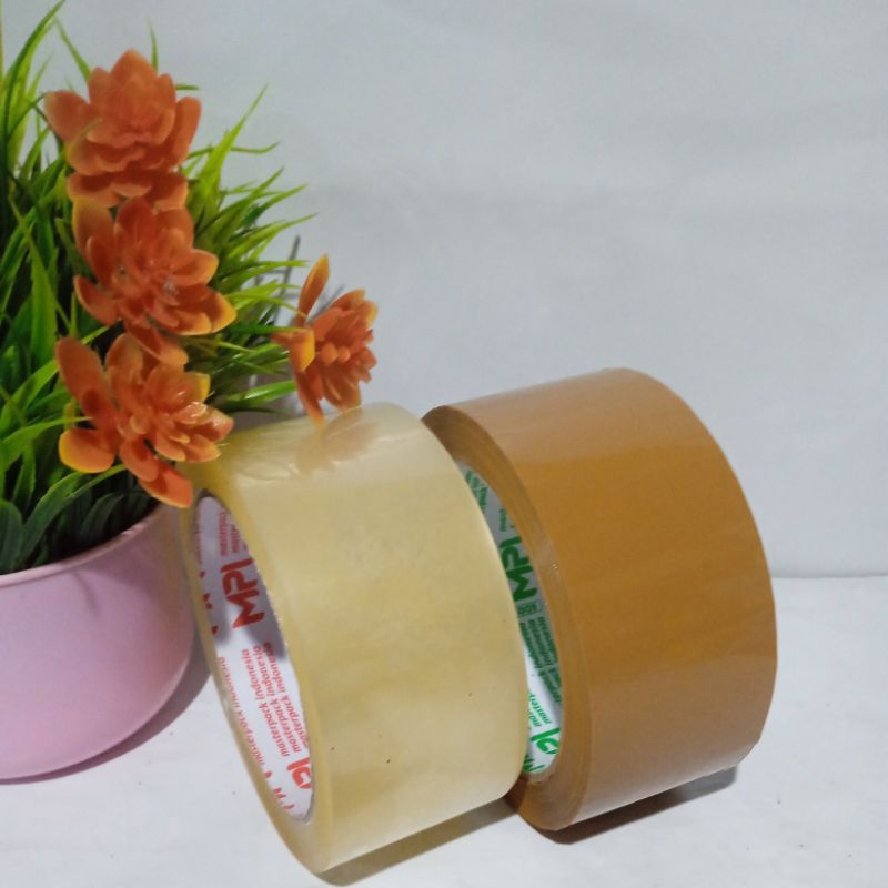 

Lakban bening coklat 45mm x 100 yard MPI kualitas daimaru Mundjari Grosir Cilacap Kawunganten Jateng