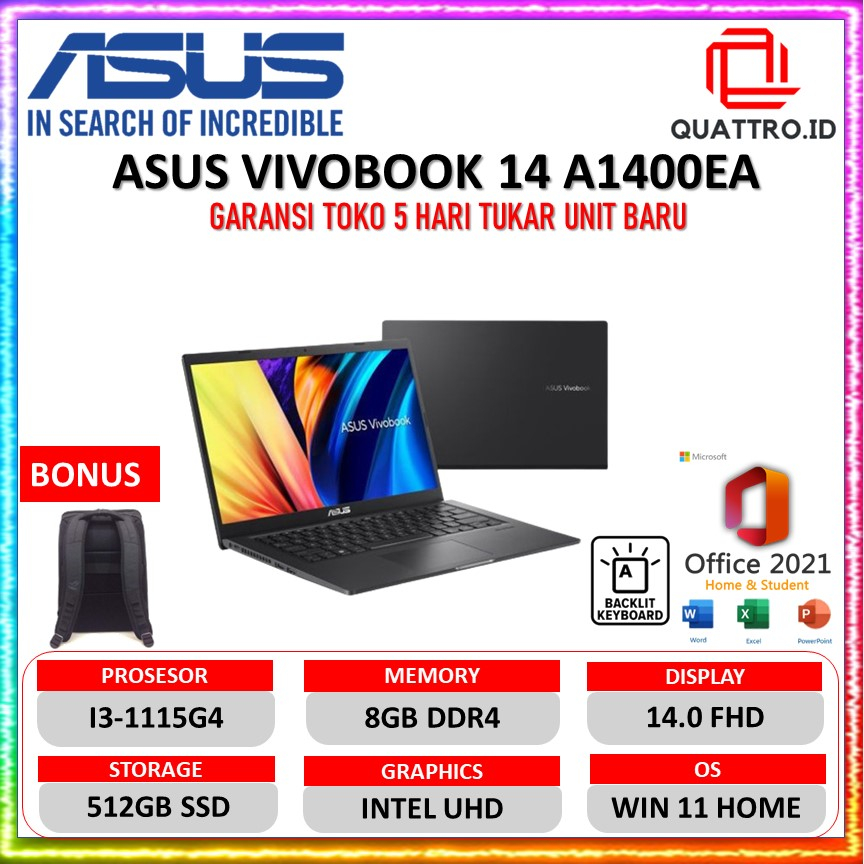 Asus Vivobook 14 A1400EA Core i3 GEN 11 8GB 512GBSSD BACKLIT