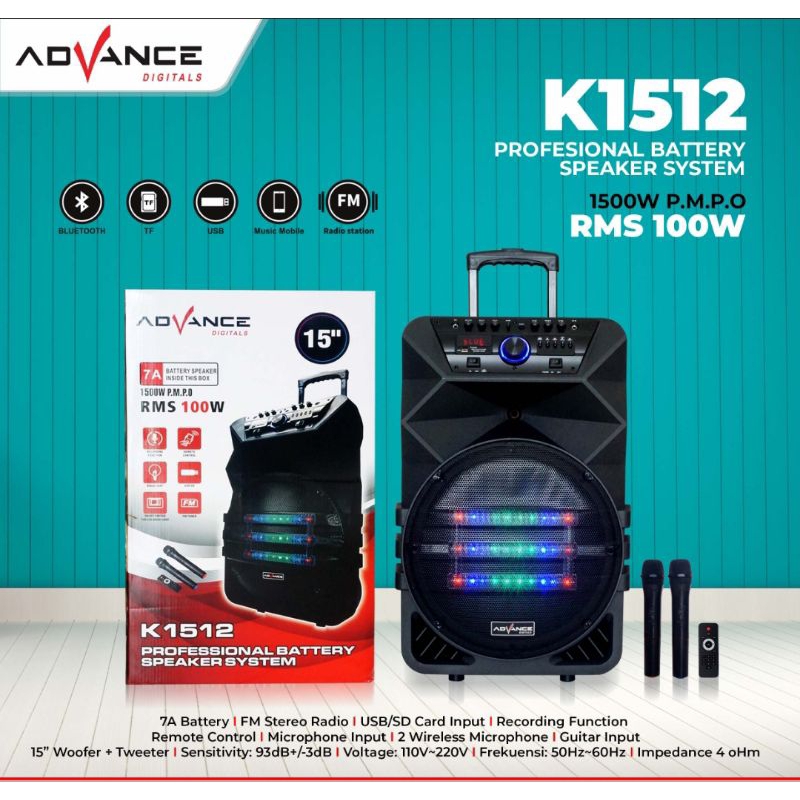 Speaker portable advance k1512 free mic 2 wireless / speaker aktif 15 inc advance k1512