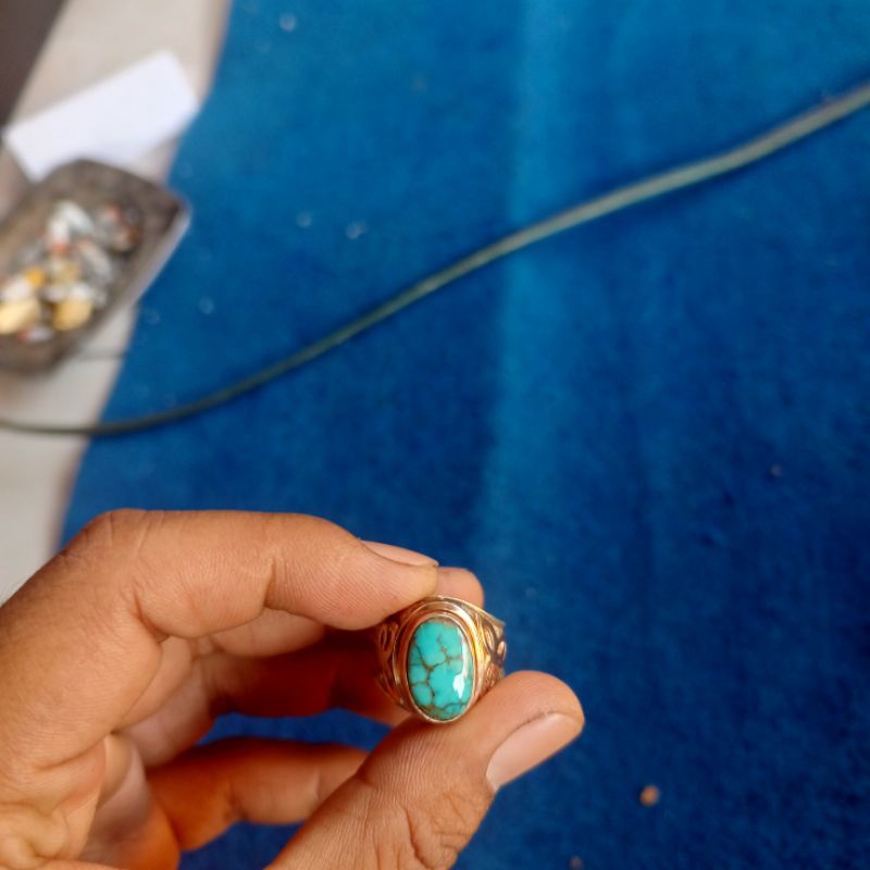 cincin batu pirus persia biru tosca ring perak kombinasi warna emas original persia