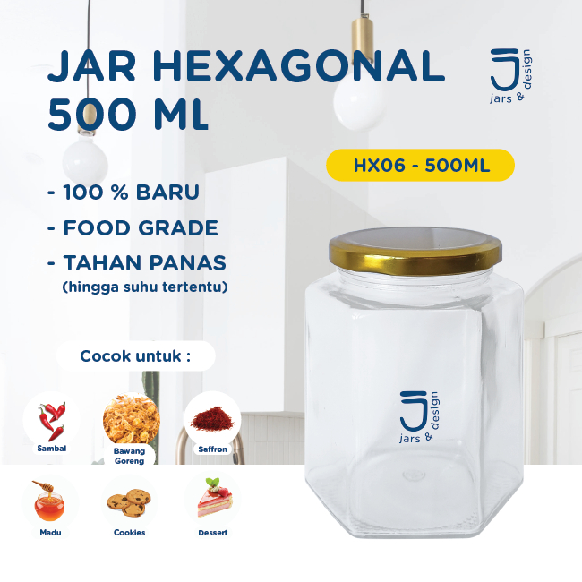 HX06 - Jar Kaca Hexagonal 500ml / Toples Kaca Hexagonal 500ml