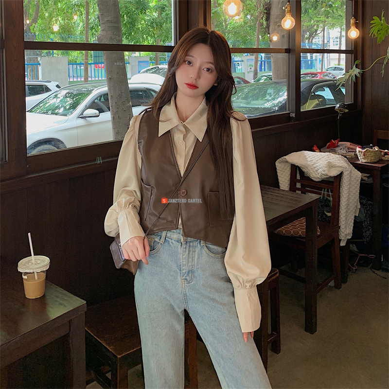 JNK x YEONA - Rompi Vest Wanita Coklat Semi Kulit Sintetis Viena Leather Jacket Vintage Premium Impo