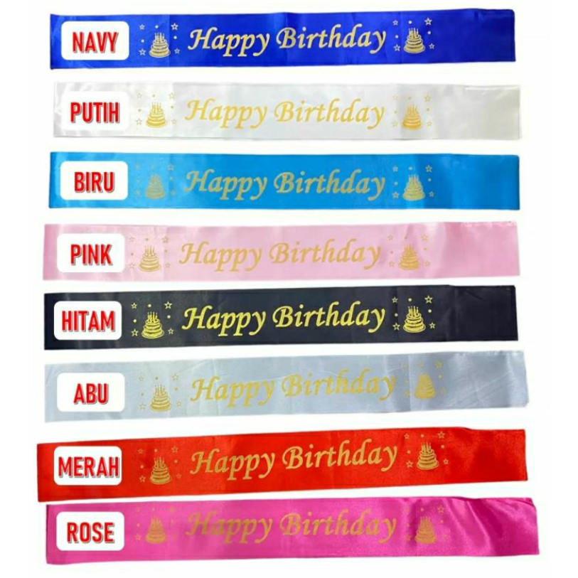 OUTRED Selempang Happy Birthday SABLON / biru hitam pink fanta blue gold black perlengkapan / dekora