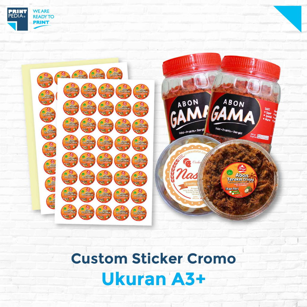 

Cetak Sticker Label Chromo A3+ Kemasan Brand Logo Produk Olshop Makanan Ekonomis - Custom Stiker Label Chromo