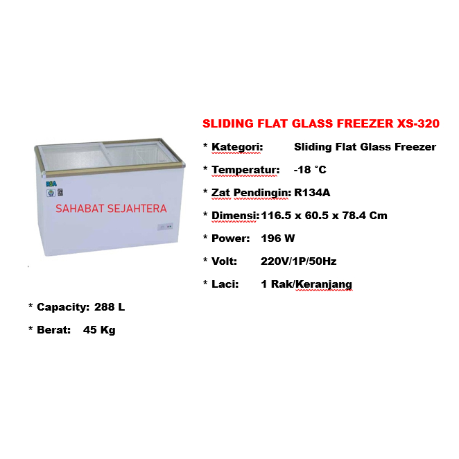 RSA Sliding Flat Glass Freezer XS-320 Freezer Sliding Kaca