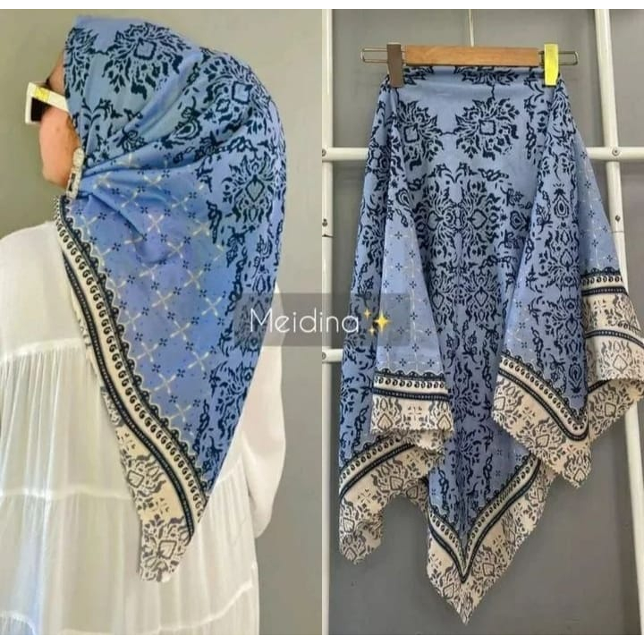 Hijab Kerudung Segi Empat Jilbab Voal Motif WK Biru