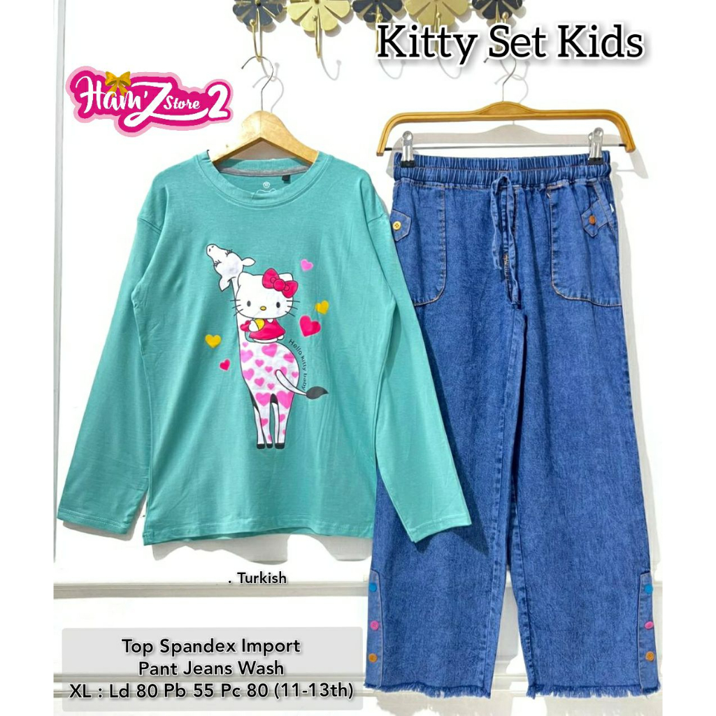 Set Kitty Blouse Atasan Celana Setelan Baju Anak Dress Maxy Remaja Kids Baby Girl Busana Maxi Jeans 
