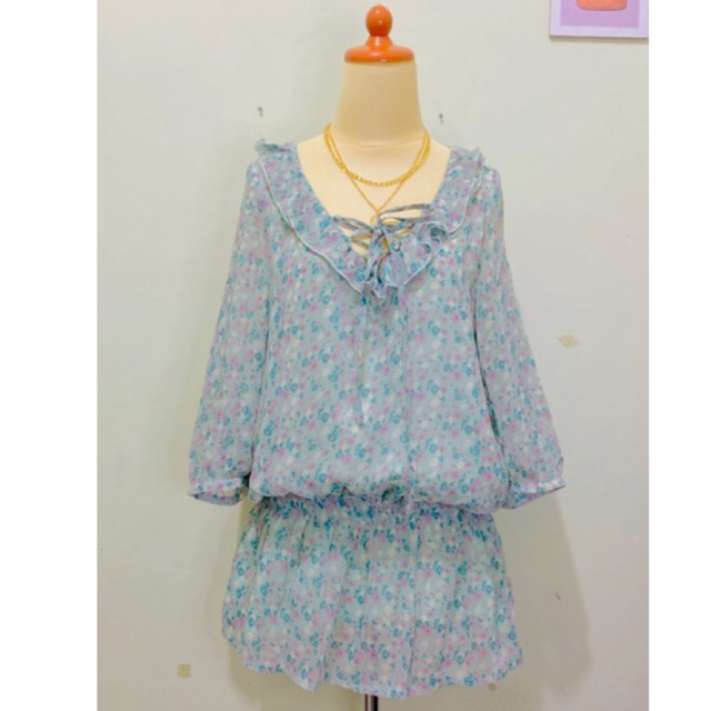 Dress mini casual Motif bunga floral flower tropis bahan sifon siffon full furing warna hijau tosca 
