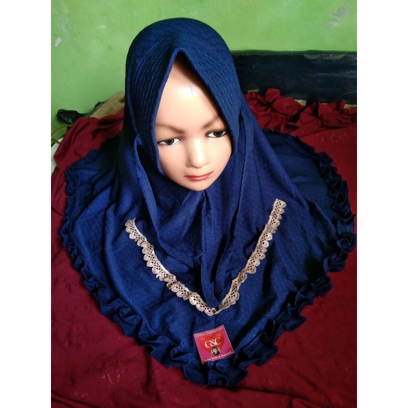 Hijab Kerudung Anak Gotik Ajora Renda V/Bahan Prada/Warna Navi/Untuk Anak Umur 3-10 Tahun