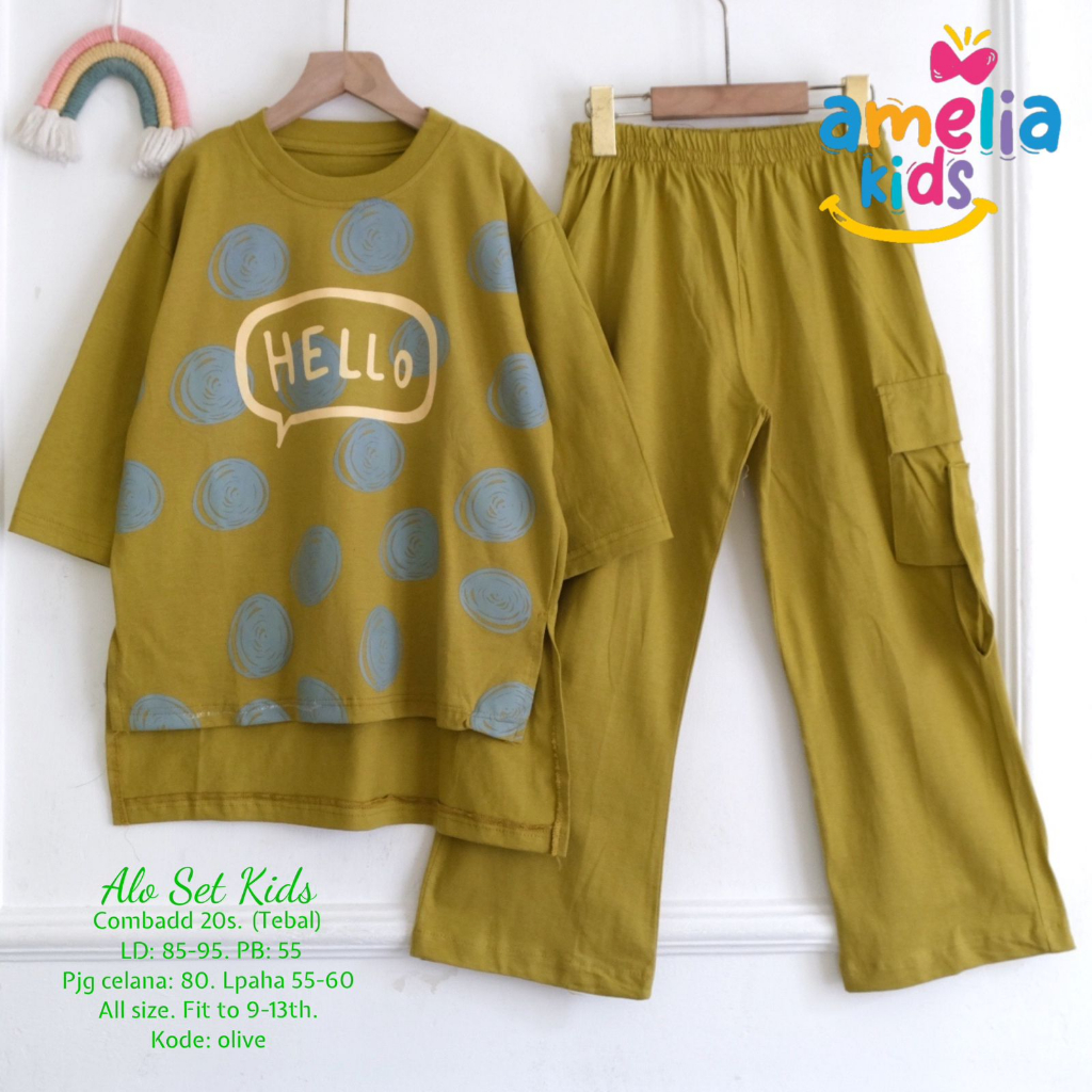 ALO SET KIDS ORIGINAL BY AMELIA SETELAN BAJU ANAK KAOS DAN CELANA CARGO ONESET ANAK USIA 9-13 TAHUN 