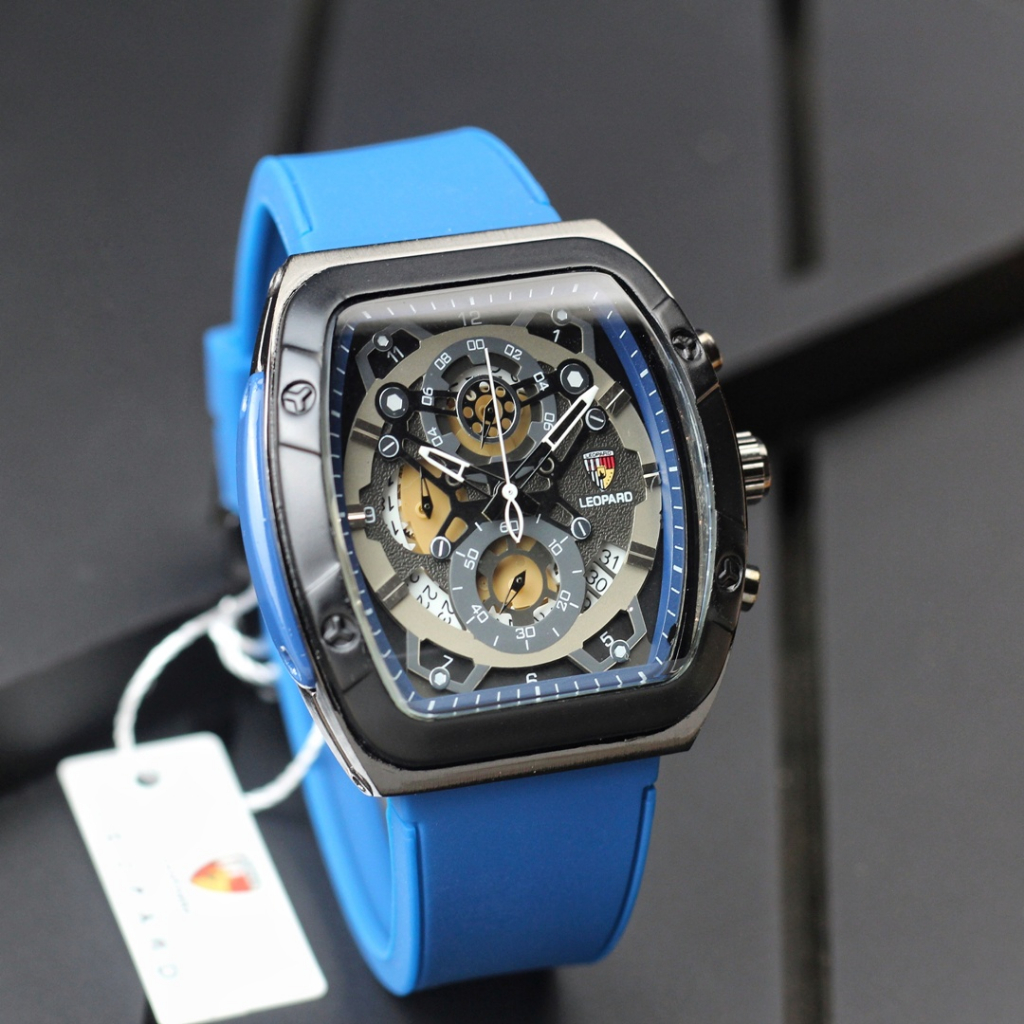 Jam Tangan Pria Leopard Analog Rubber Sport Chronograph Original