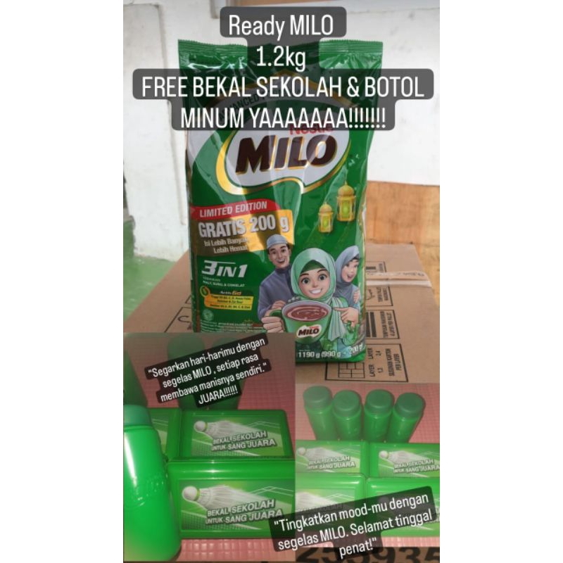 

Milo 3 in 1 isi 1 kg + 200 free tempat makan/botol minum