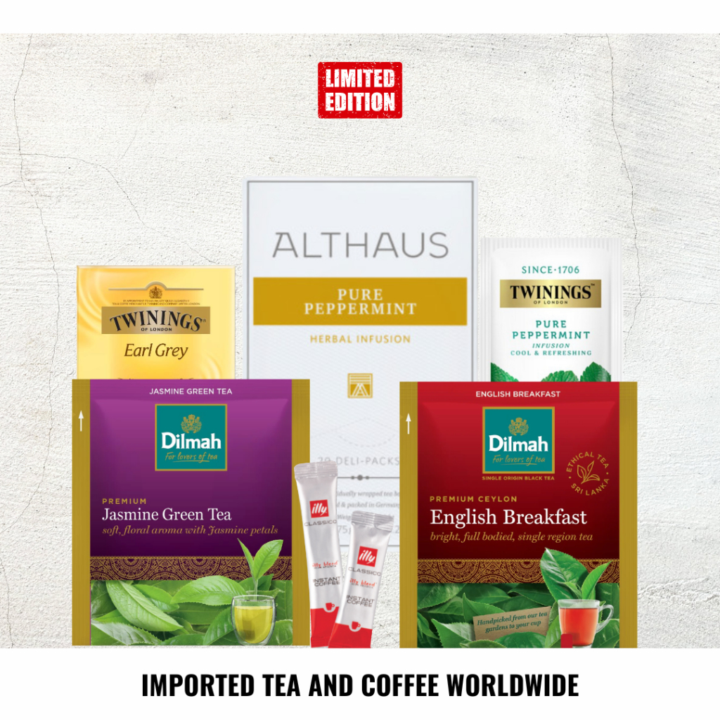 

IMPORTED TEA COFFEE DILMAH TWININGS ALTHAUS ILLY SACHET ITALIA JERMAN ENGLISH BREAKFAST PEPPERMINT PURE BLEND JASMINE GREEN TEA ARABICA