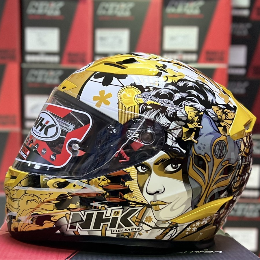 HELM NHK RX9 MOTIF GEISHA  GOLD HELM FULL FACE VISOR CLEAR FLAT NHK RX9 MOTIF GEISHA  GOLD HELM FULL