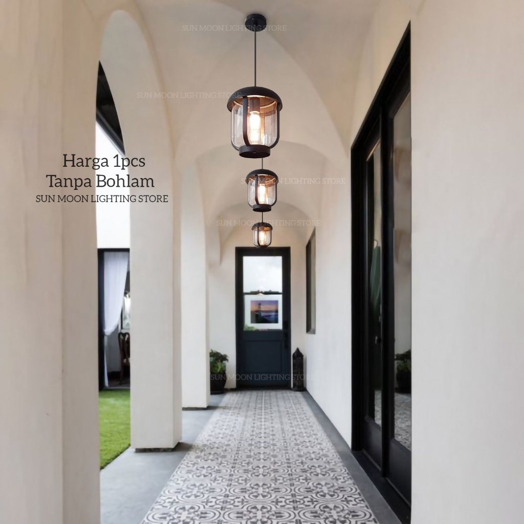 Lampu gantung hitam minimalis outdoor lampu teras E27 waterproof