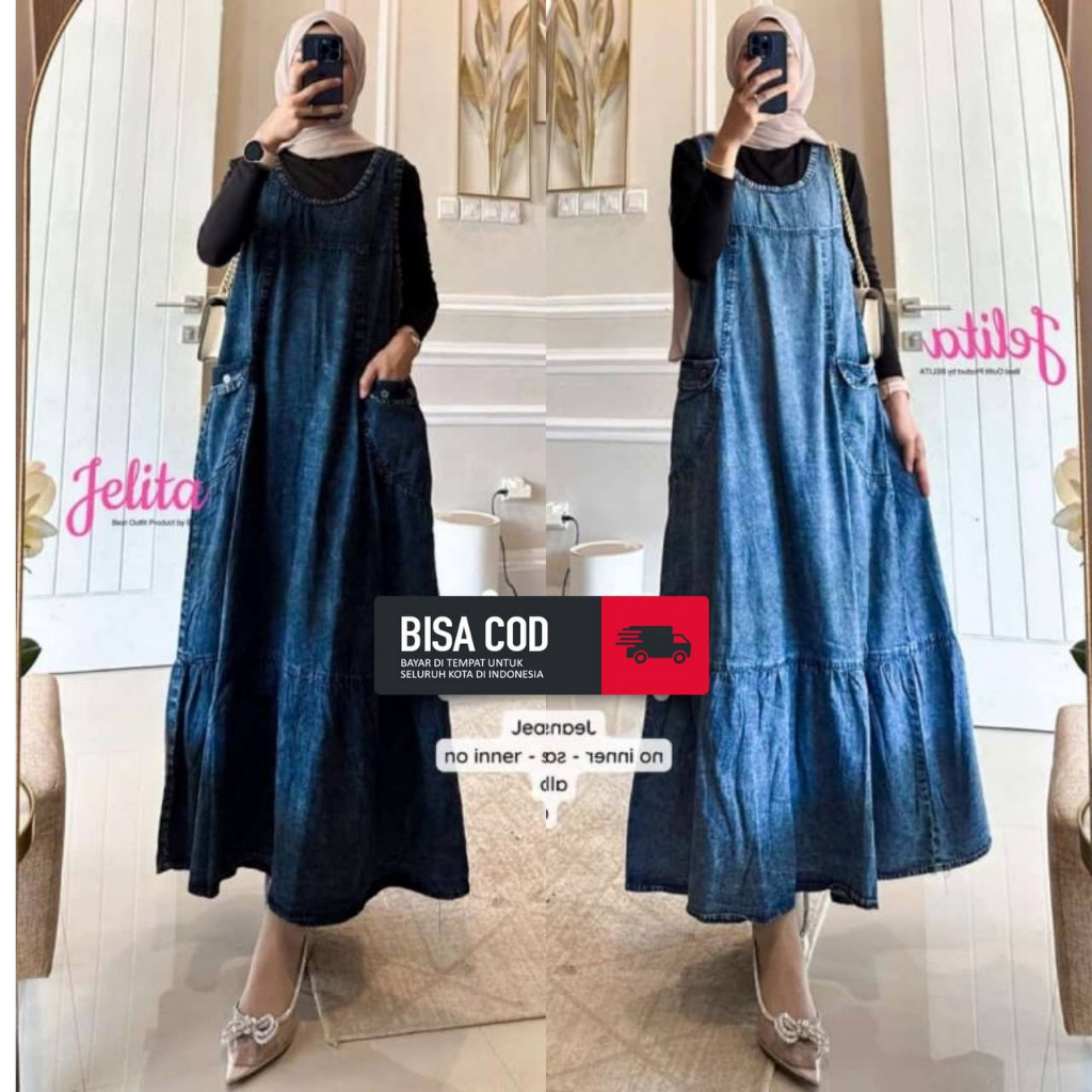 Overall Rok Jeans Rempel Panjang Jumpsuit Jeans Lanina Baju Kodok Wanita Denim Terbaru